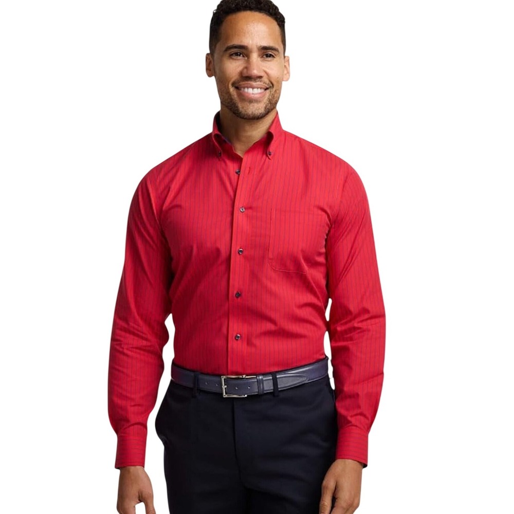 Paul Fredrick Mens Red Navy Striped Non-Iron Cotton Tailored Dress Shirt 16.5 36